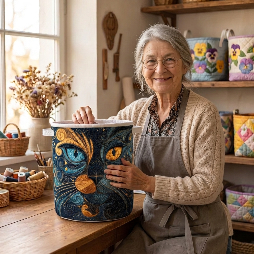 Lien avec le panier à linge matelassé Chat galactique dans son atelier de couture