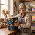 Lien avec le panier à linge matelassé Chat galactique dans son atelier de couture