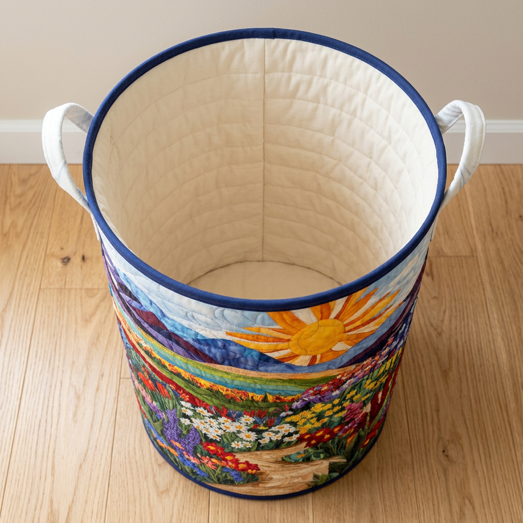 Panier à linge matelassé Chant de la prairie, vide, avec sa doublure matelassée crème