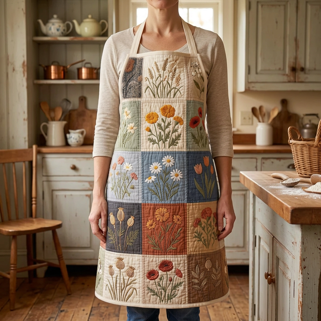 Tablier de cuisine matelassé Champs en Fleurs porté dans la cuisine