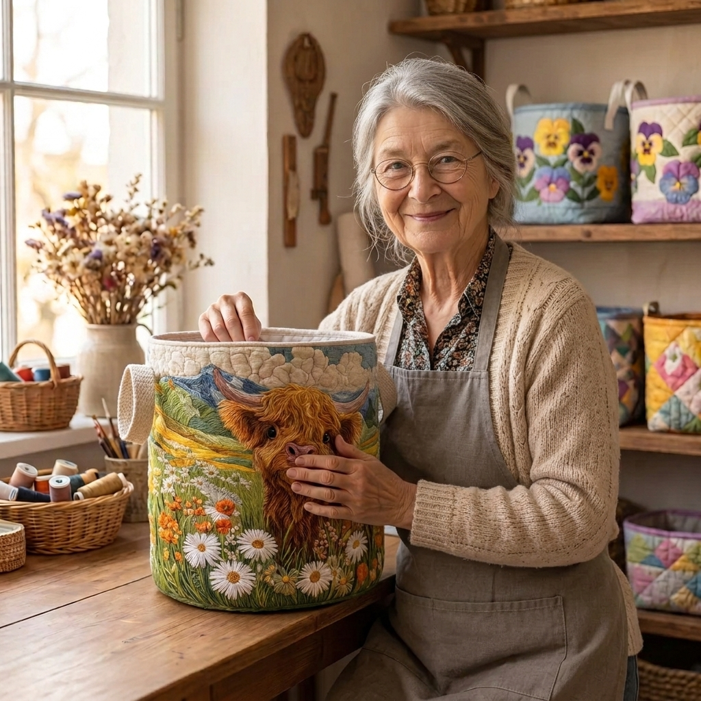 Lien avec le panier à linge matelassé Highlands en fleurs dans son atelier de couture