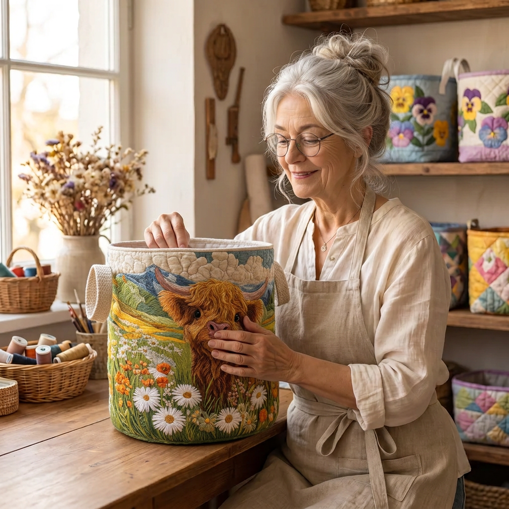 Lien avec le panier à linge matelassé Highlands en fleurs dans son atelier de couture
