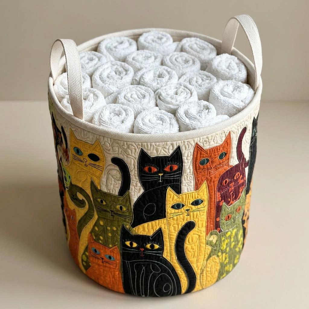 Gewatteerde wasmand Knus kattenfeest gevuld met opgerolde witte handdoeken