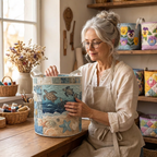 Lien met de gewatteerde wasmand Kleine reiziger in haar naaiatelier