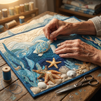 Close-up van handen die het motief Glanzende schelp quilten