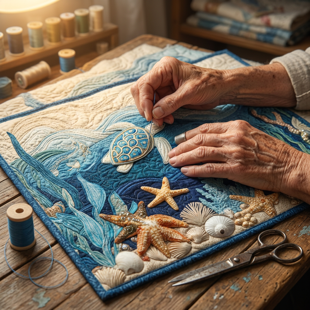 Close-up van handen die het motief Glanzende schelp quilten