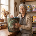 Lien met de gewatteerde wasmand Wortels van de natuur in haar naaiatelier