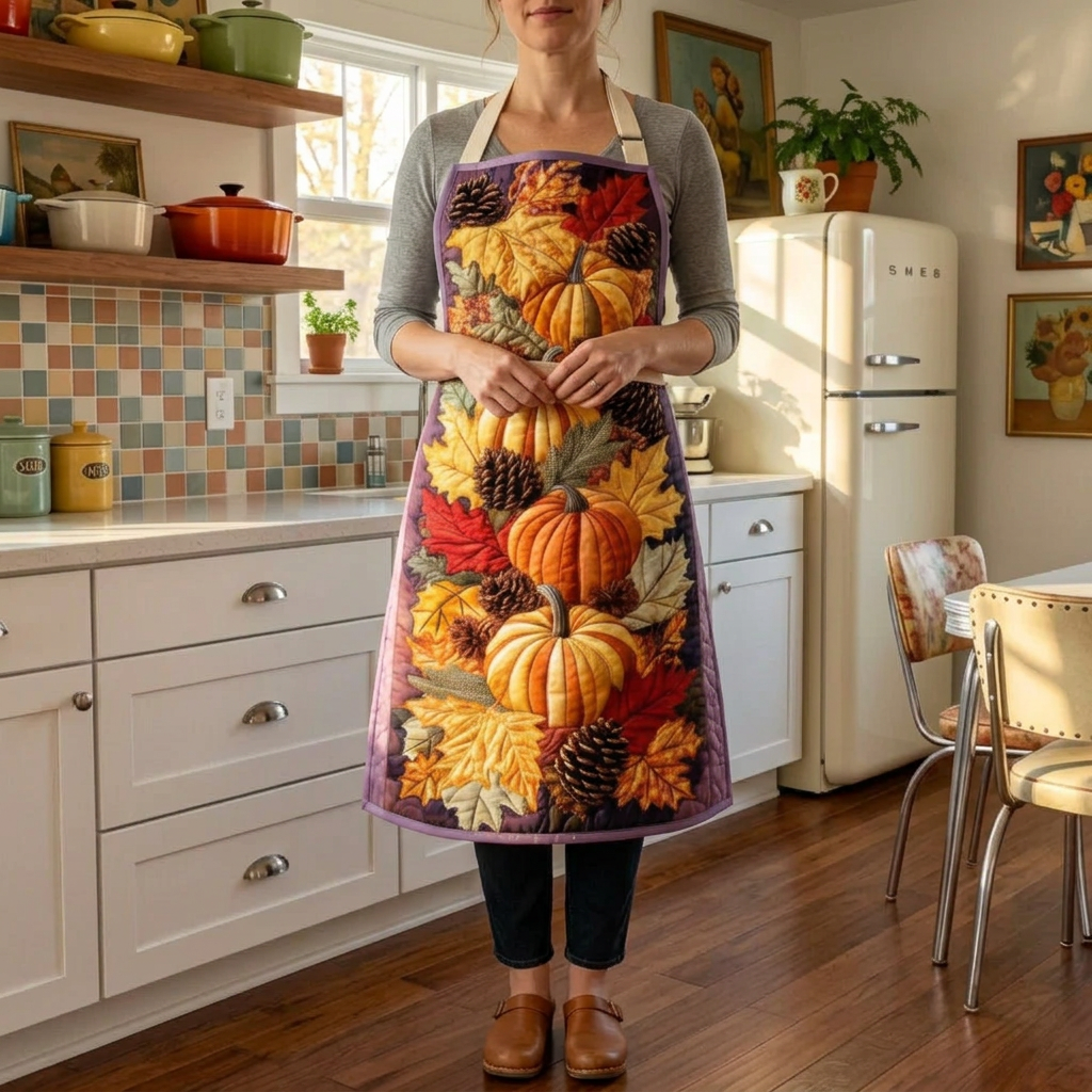 Tablier de cuisine matelassé Rassemblés pour l'Automne porté dans la cuisine