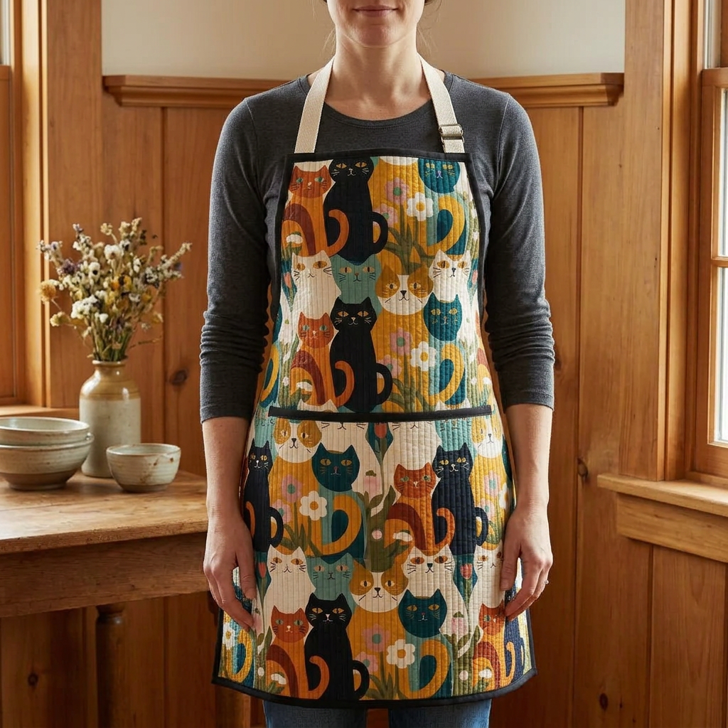Gewatteerd keukenschort Poezenherinneringen uit het Landhuis gedragen in de keuken