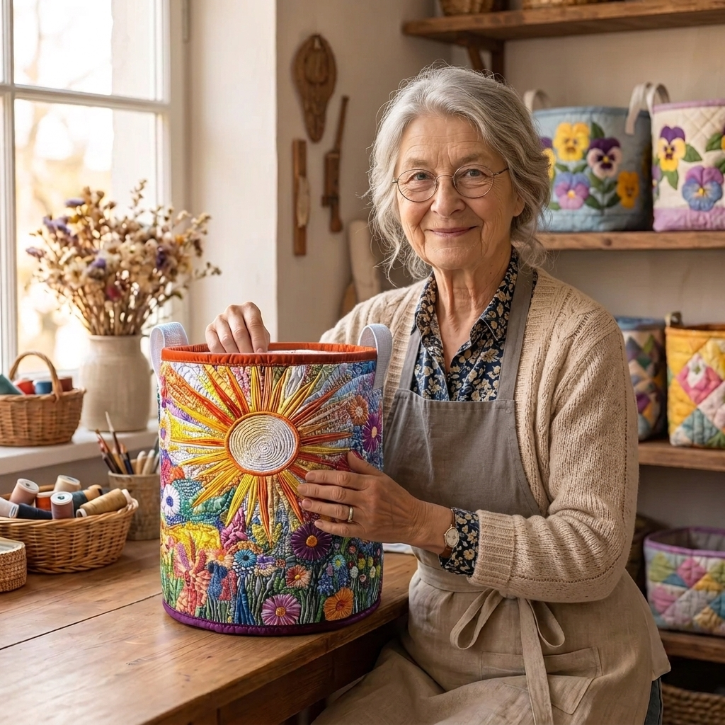 Lien met de gewatteerde wasmand Bloeiende zonnebloemen in haar naaiatelier