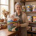 Lien met de gewatteerde wasmand Gouden horizon in haar naaiatelier