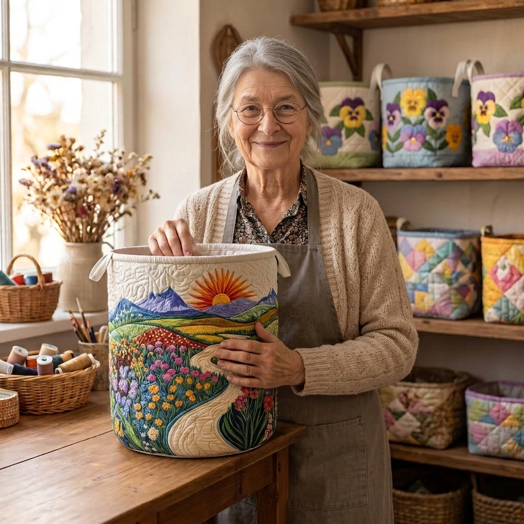 Lien met de gewatteerde wasmand Gouden horizon in haar naaiatelier