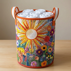 Gewatteerde wasmand Bloeiende zonnebloemen gevuld met opgerolde witte handdoeken