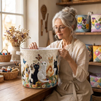Lien avec le panier à linge matelassé Chats du jardin dans son atelier de couture