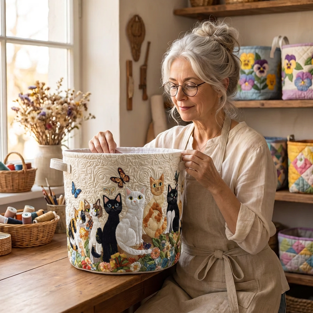 Lien avec le panier à linge matelassé Chats du jardin dans son atelier de couture
