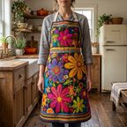 Gewatteerd keukenschort De Bloeiende Hoeve gedragen in de keuken