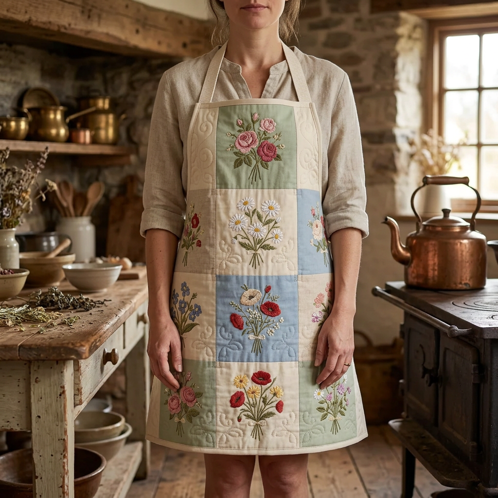 Gewatteerd keukenschort Wilde Bloemenwensen gedragen in de keuken