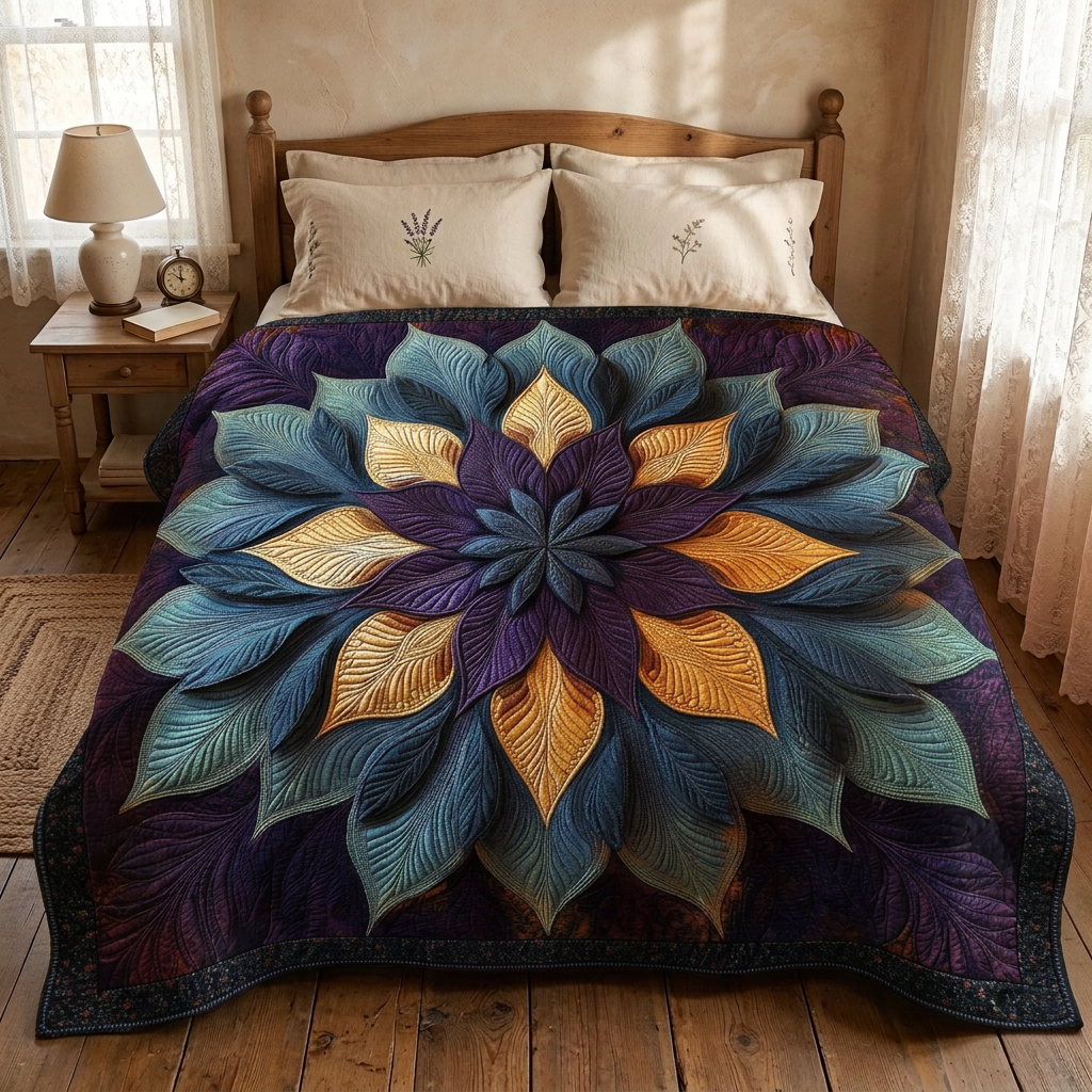 Couvre-lit matelassé Fleur majestueuse sur un lit dans une chambre douillette