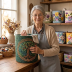 Lien avec le panier à linge matelassé Arbre sacré dans son atelier de couture
