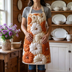 Gewatteerd keukenschort Pompoenveld gedragen in de keuken