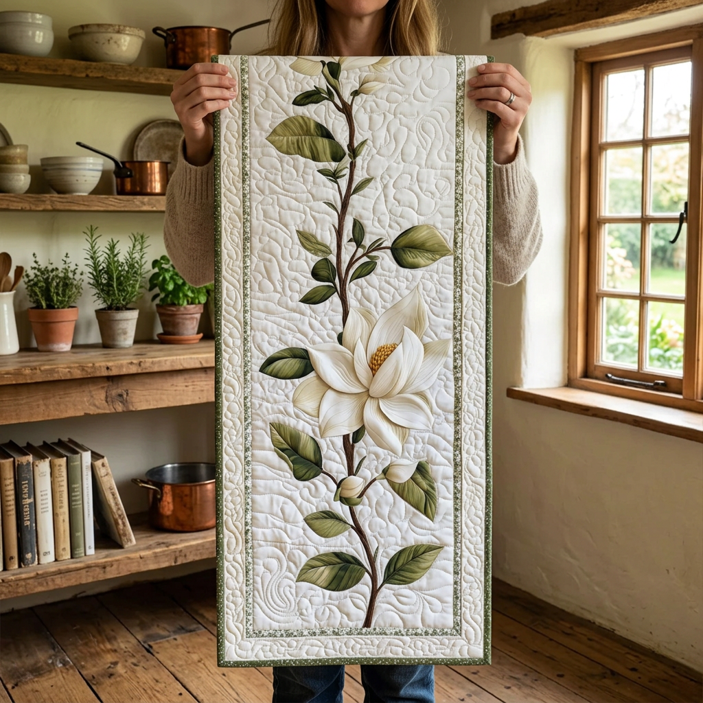 Chemin de table matelassé Magnolia Rustique présenté dans une cuisine chaleureuse
