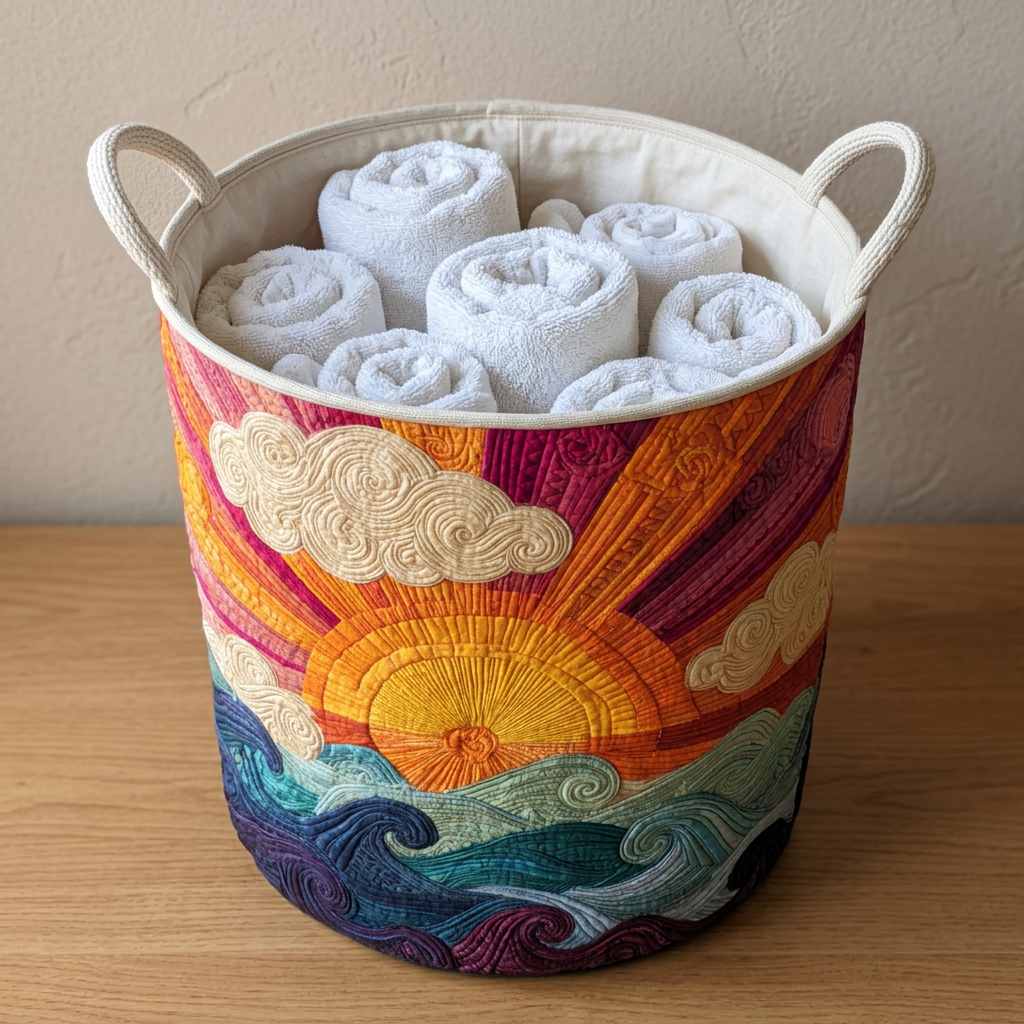 Gewatteerde wasmand Stralende zon gevuld met opgerolde witte handdoeken