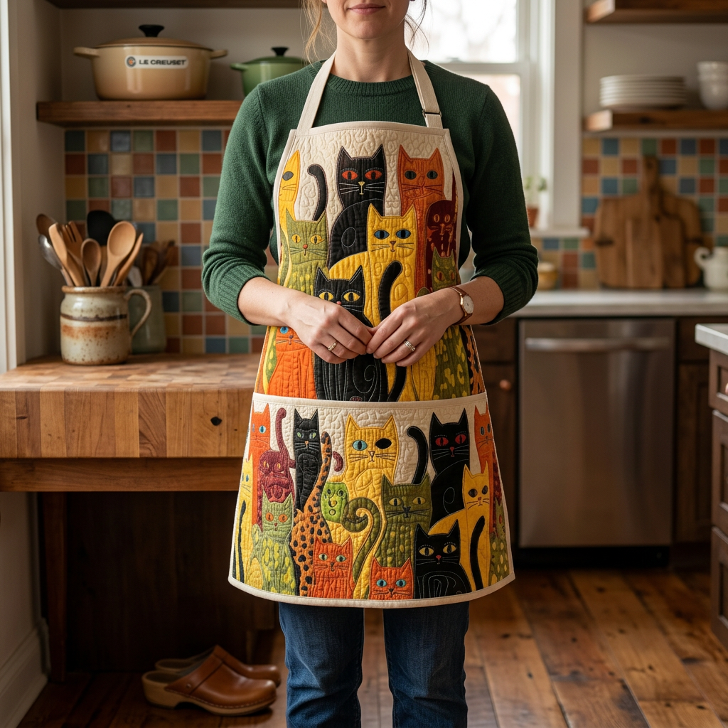 Gewatteerd keukenschort Gezellige Metgezel gedragen in de keuken