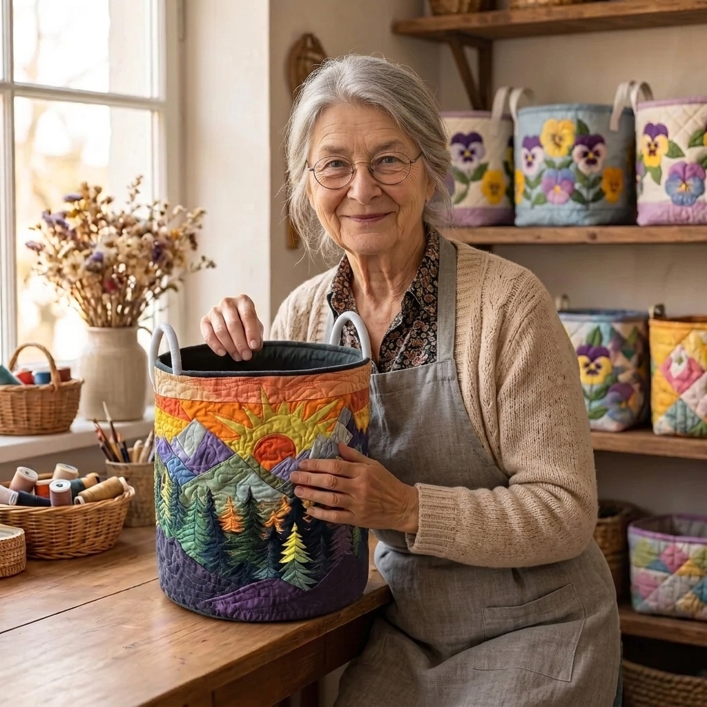 Lien met de gewatteerde wasmand Gloeiend bos in haar naaiatelier