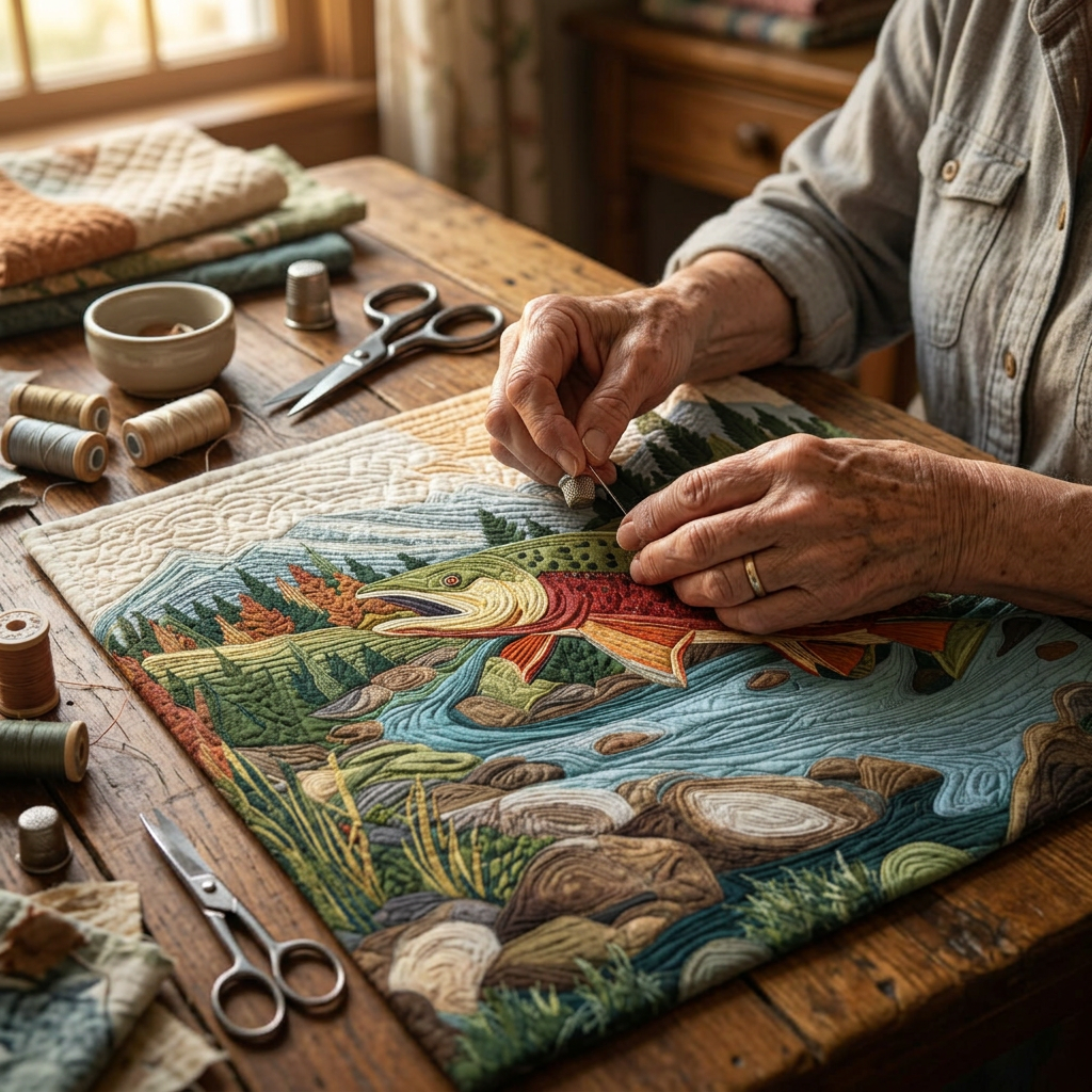 Close-up van handen die het motief Stille bergbeek quilten