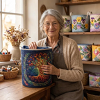 Lien met de gewatteerde wasmand Hemelse eik in haar naaiatelier