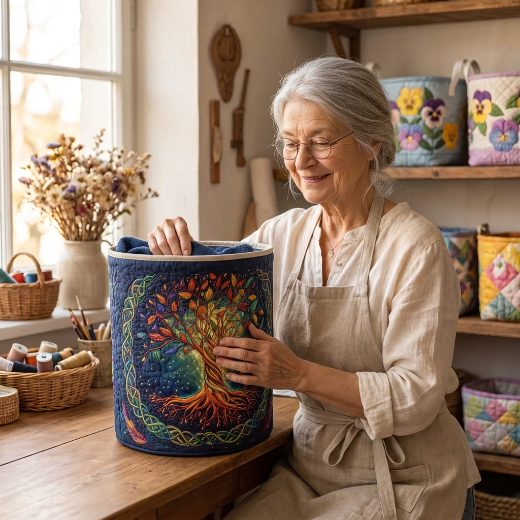 Lien met de gewatteerde wasmand Hemelse eik in haar naaiatelier