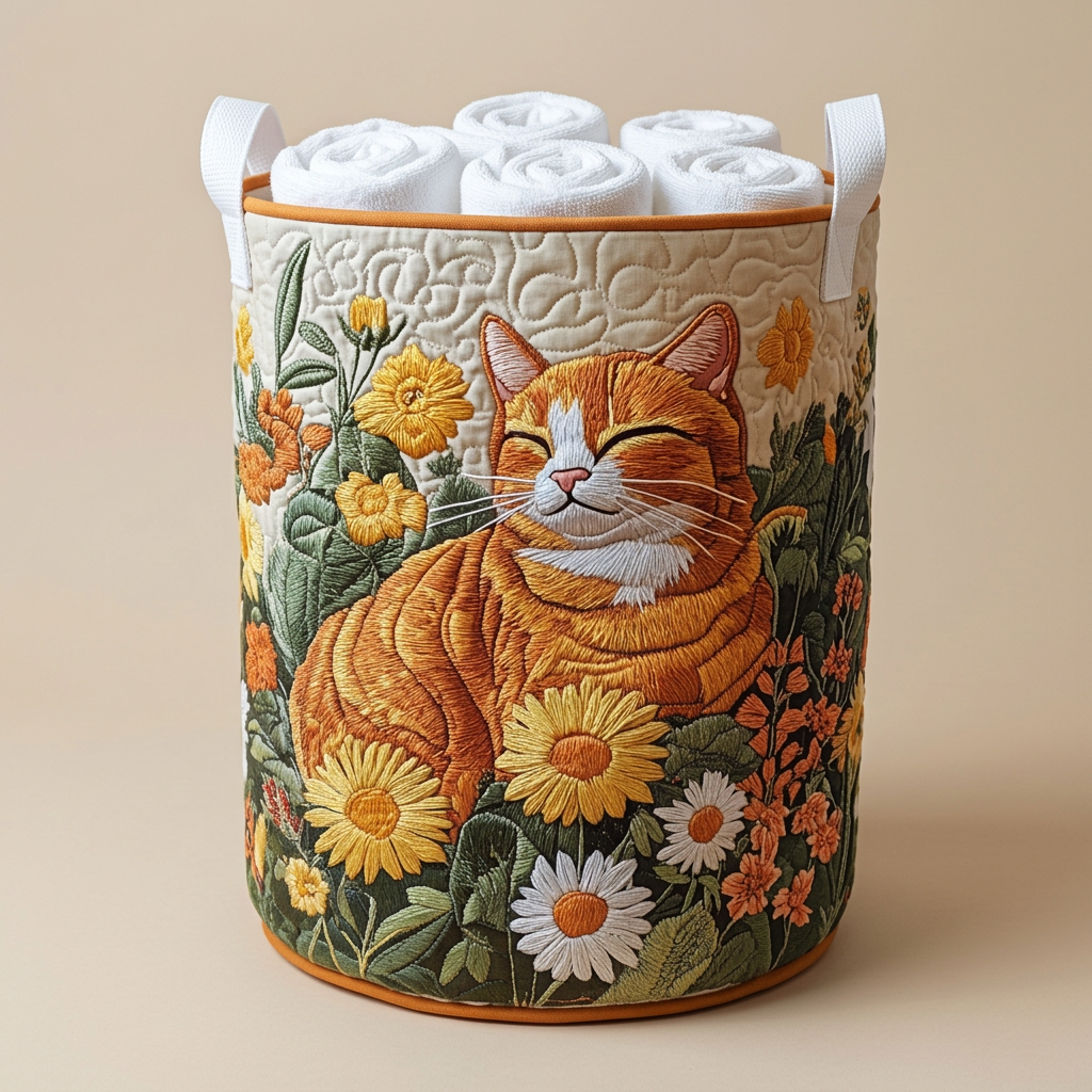 Panier à linge matelassé Chat des bois rempli de serviettes blanches roulées