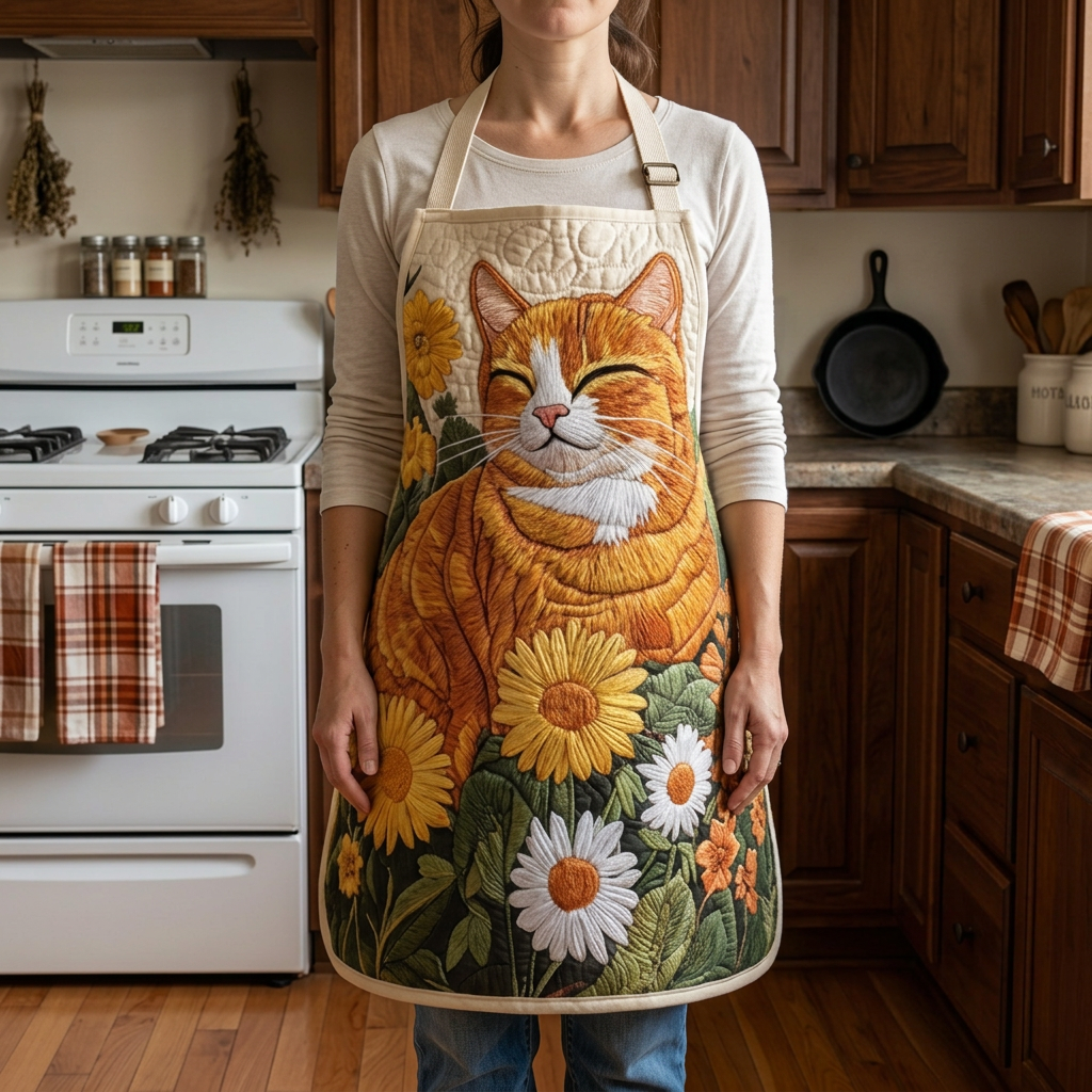 Tablier de cuisine matelassé Moustaches aux Tournesols porté dans la cuisine
