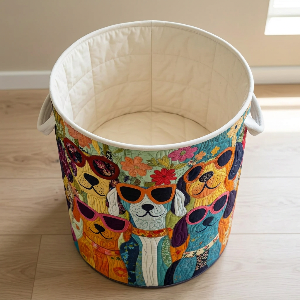 Gewatteerde wasmand Vrolijke honden, leeg, met de zachte crèmekleurige gewatteerde binnenkant