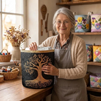 Lien met de gewatteerde wasmand Wortels van goud in haar naaiatelier