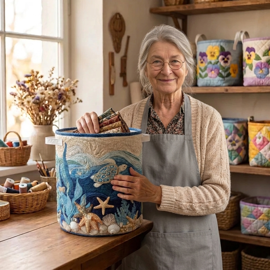 Lien met de gewatteerde wasmand Glanzende schelp in haar naaiatelier