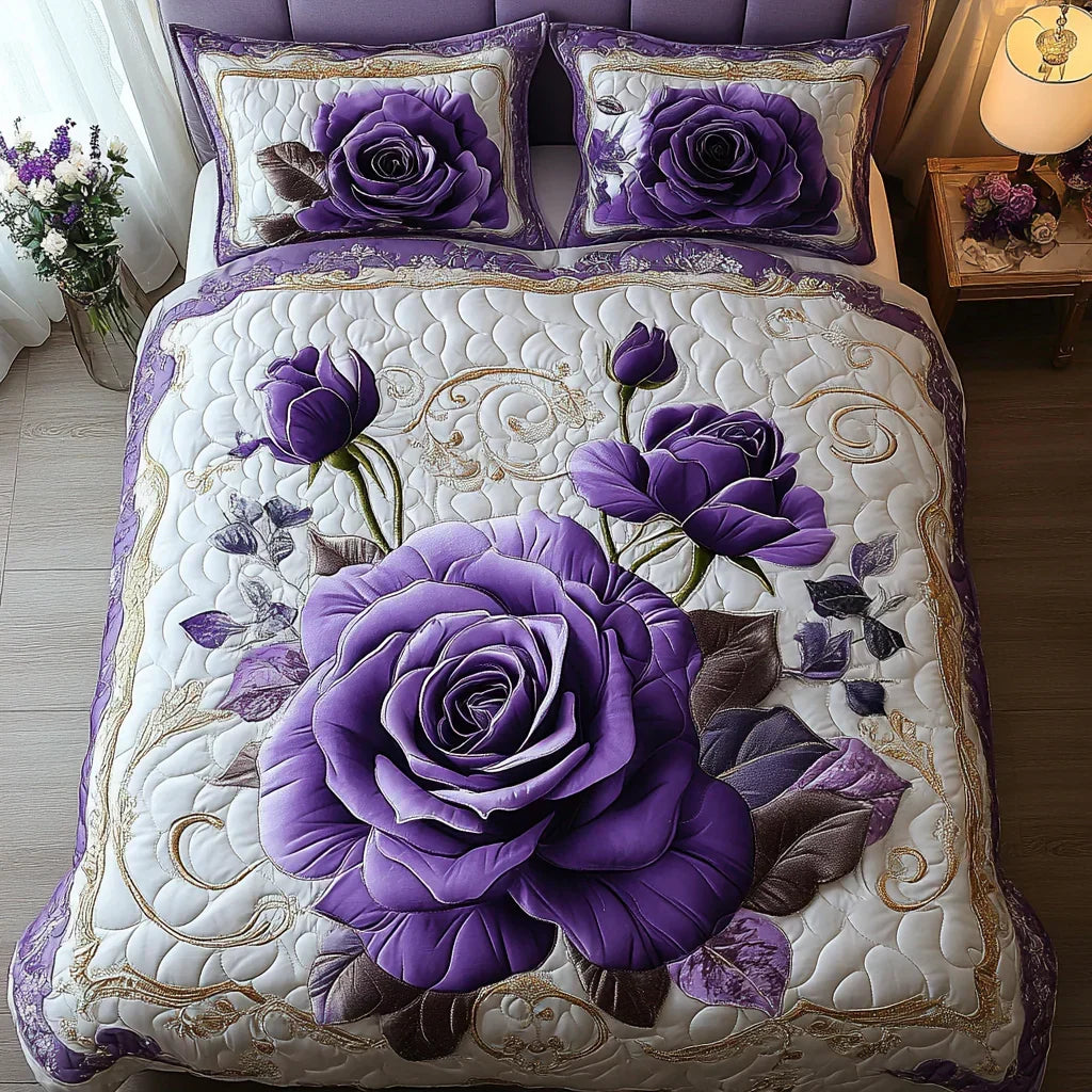 Parure de lit matelassée Floraison améthyste – housse de couette et 2 taies d'oreiller