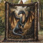 Plaid tissé Dragon ancestral – un puissant dragon aux ailes déployées dans une forêt sombre, encadré d'une bordure ornementale aux tons bruns profonds