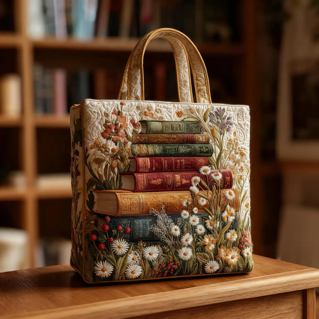 Artistic Quilted Tote Bag Floral Parchment