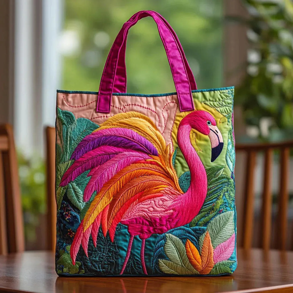 Quilted Rainbow Flamingo Tote Bag