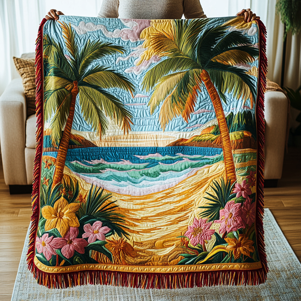 Geweven plaid Rustig Strand – geweven katoenen plaid met franjes