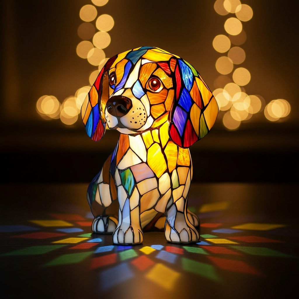 Edele Beagle dierenlamp in glas-in-lood-stijl, verlicht