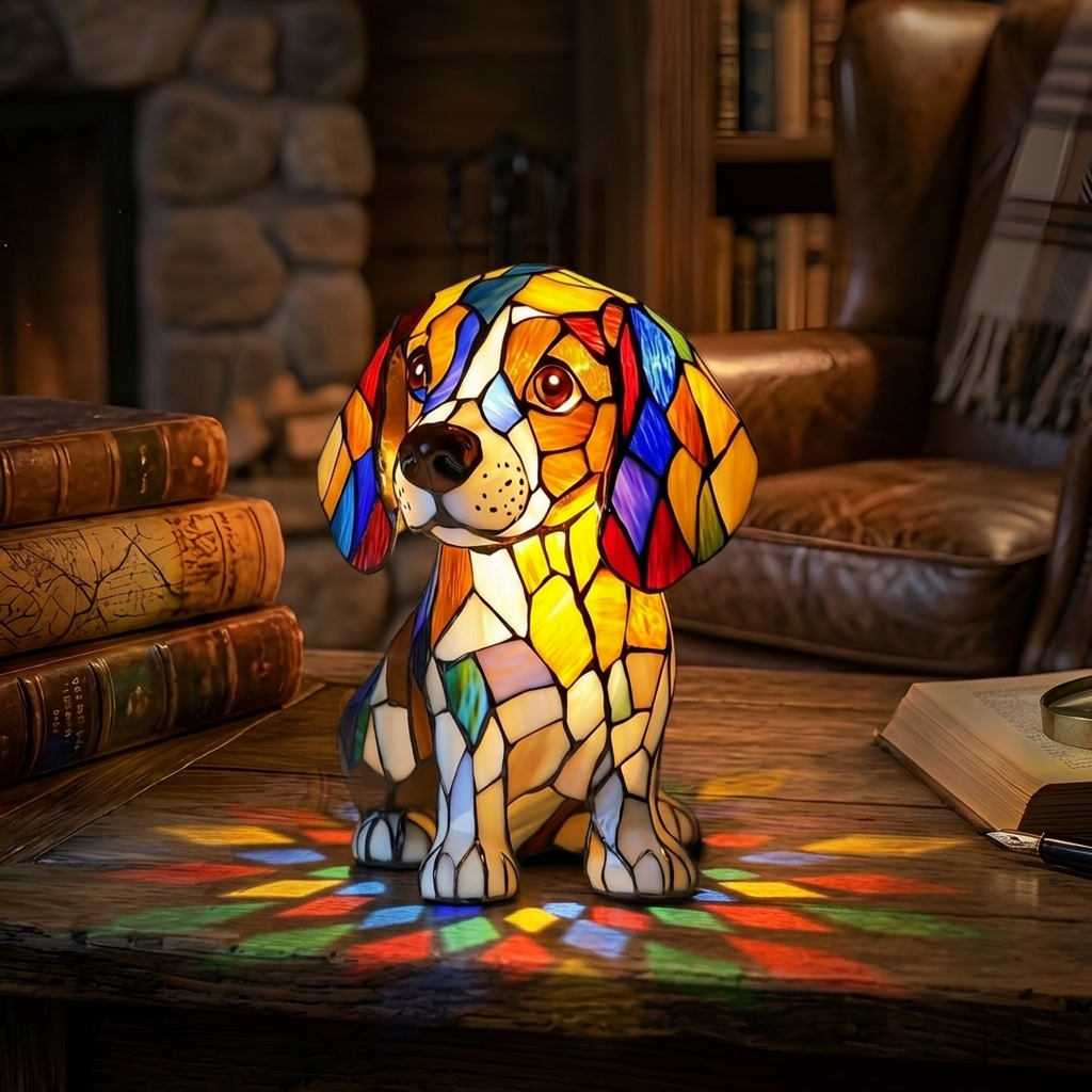 Edele Beagle dierenlamp die gezellig gloeit in een kamer 's avonds