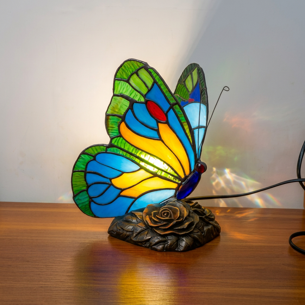 Lampe animale Aile Azurée Papillon style vitrail, allumée
