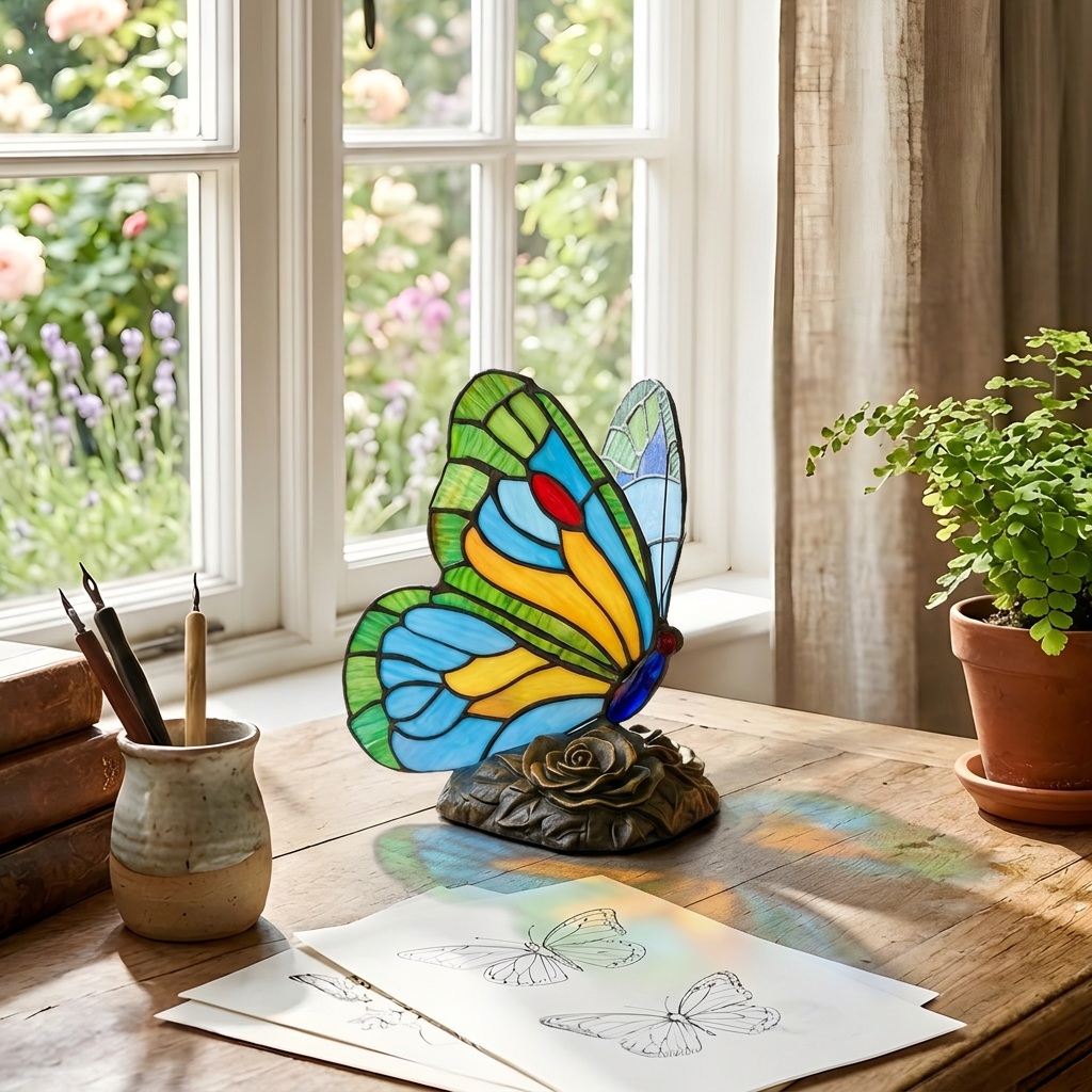 Lampe animale Aile Azurée Papillon sur une table en bois dans une pièce lumineuse