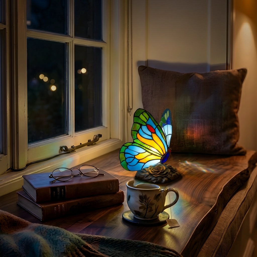 Azuurblauwe Vleugel Vlinder dierenlamp die gezellig gloeit in een kamer 's avonds