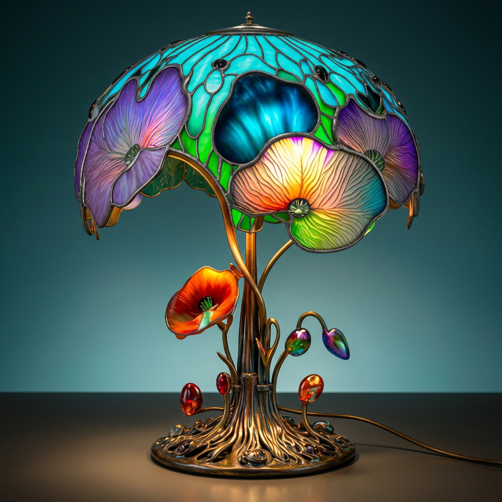 Bloeiende Bohème Paddenstoel dierenlamp in glas-in-lood-stijl, verlicht