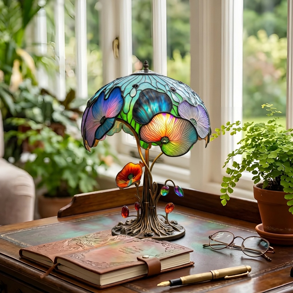 Bloeiende Bohème Paddenstoel dierenlamp op een houten tafel in een lichte kamer