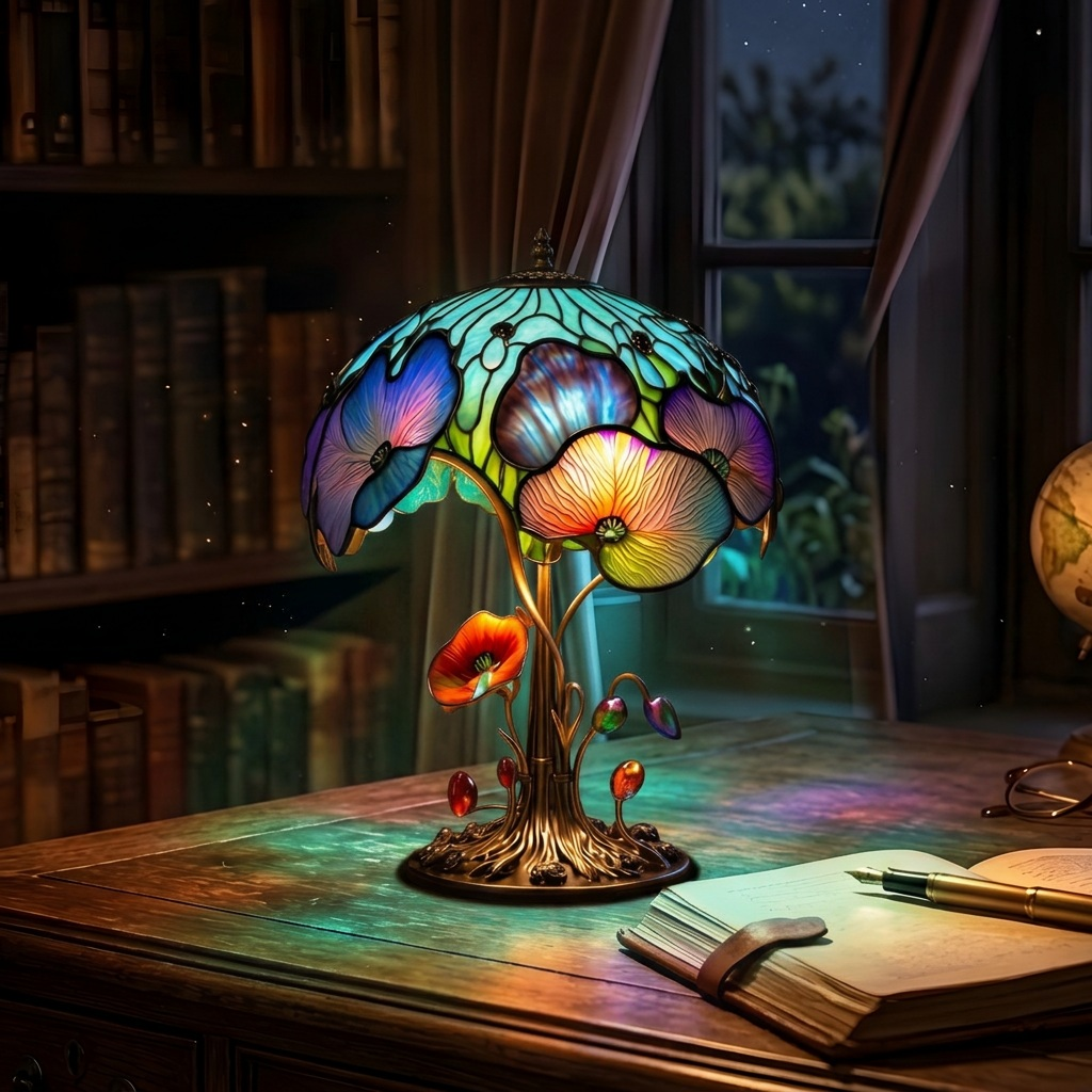 Bloeiende Bohème Paddenstoel dierenlamp die gezellig gloeit in een kamer 's avonds
