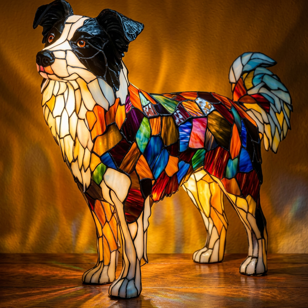 Border Collie dierenlamp in glas-in-lood-stijl, verlicht